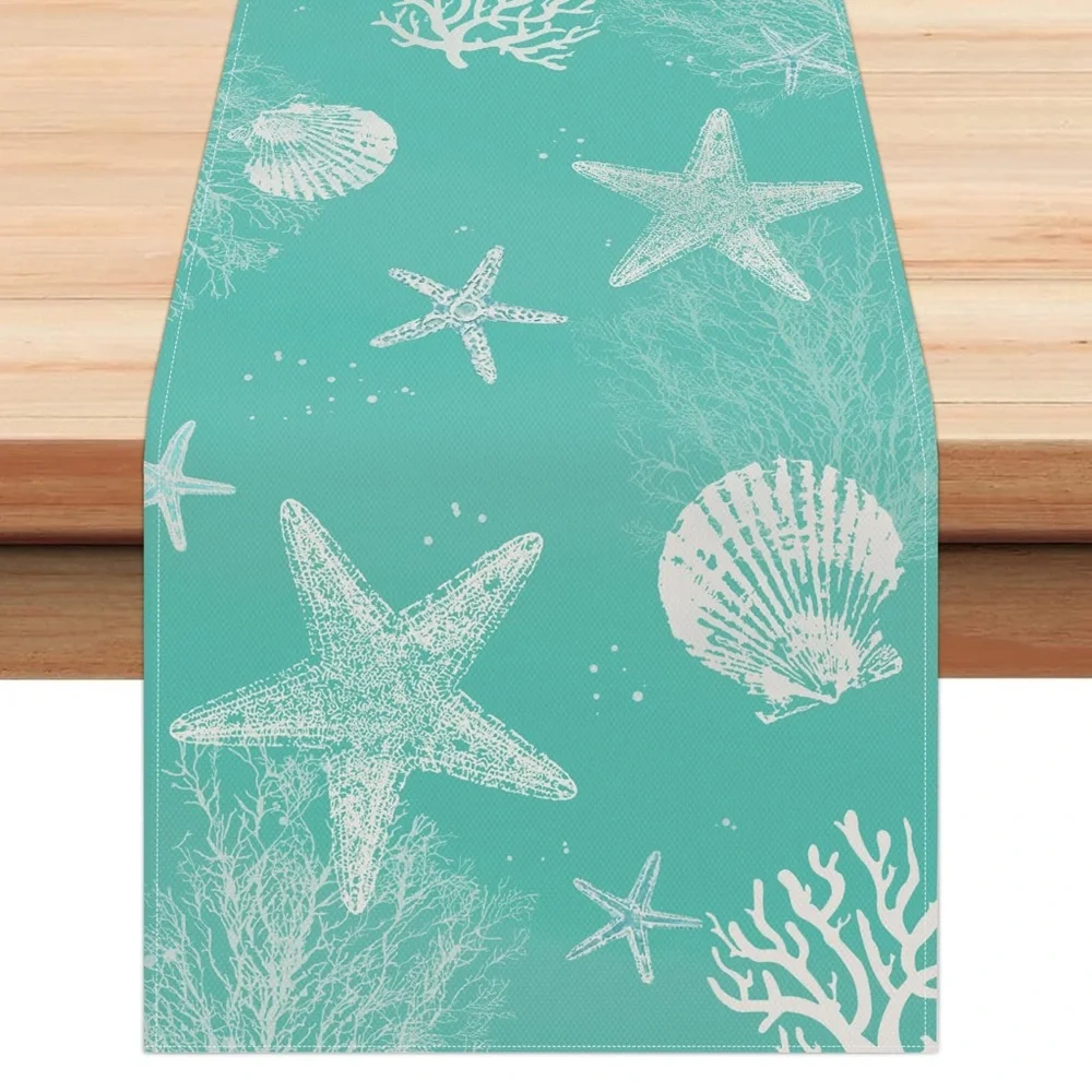 Bonhause Turquoise Coastal Ocean Table Runner 13x72 Inch Teal Blue Beach
